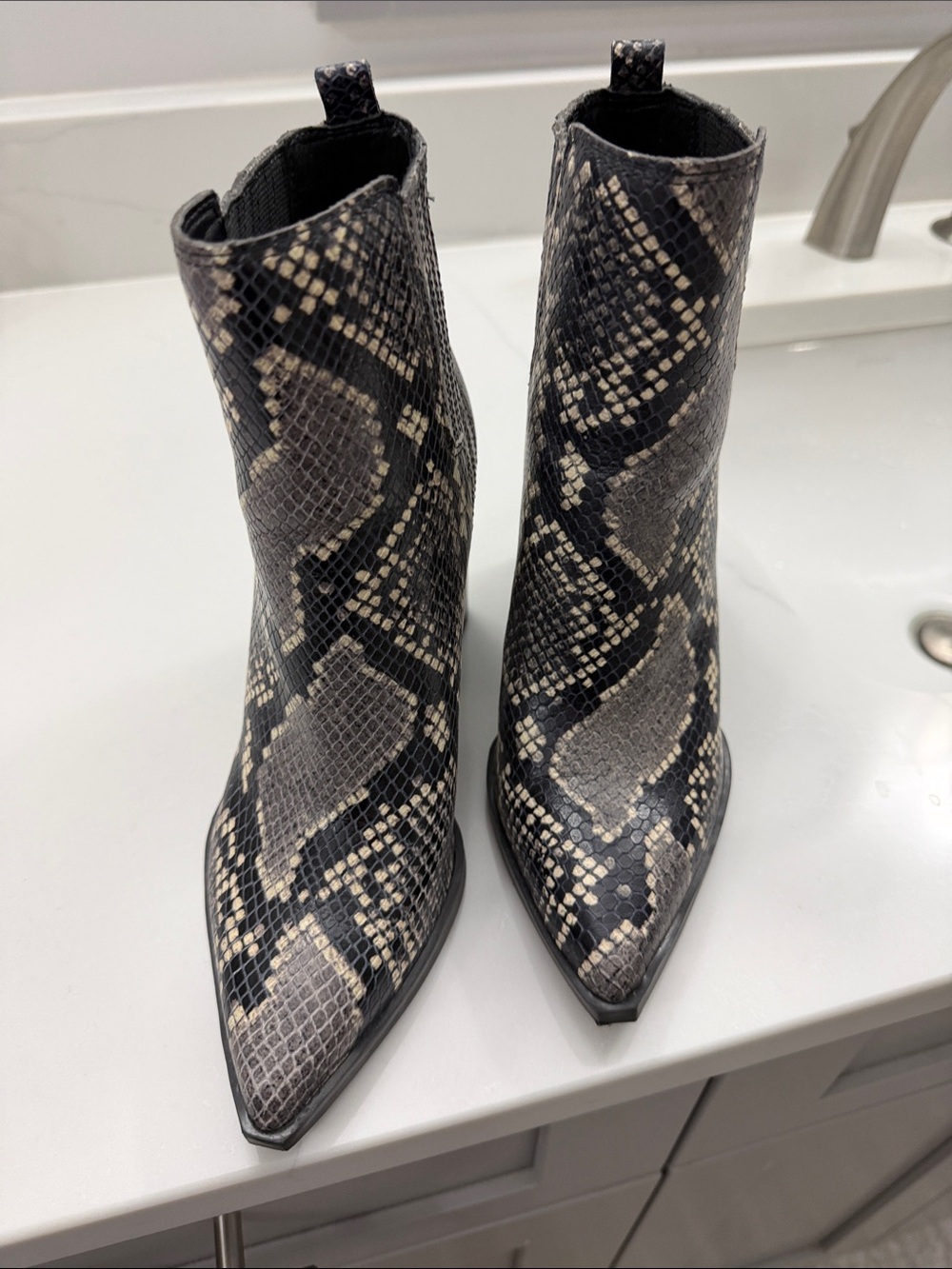Marc Fisher Oshay Snake-Print Pointed Toe Ankle Boots - Black/Gray